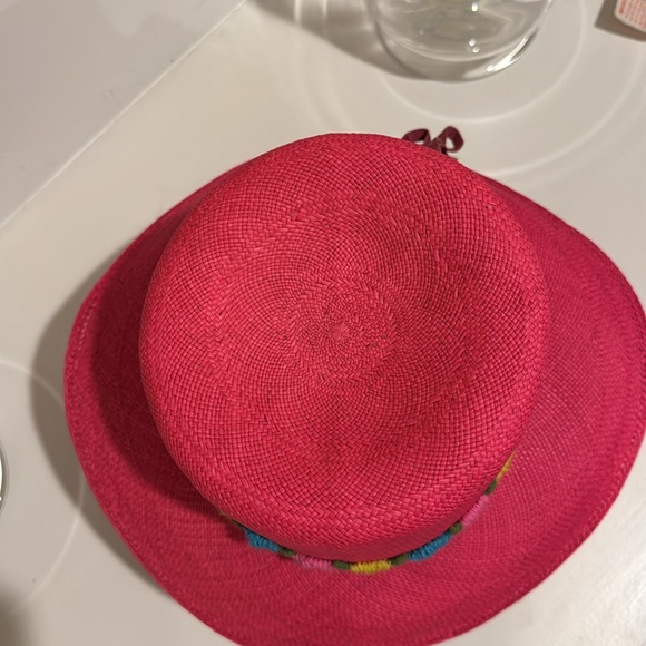 Vintage Adolfo II hot pink hat with bright yarn yellow,blue,and pink floral trim main image 5